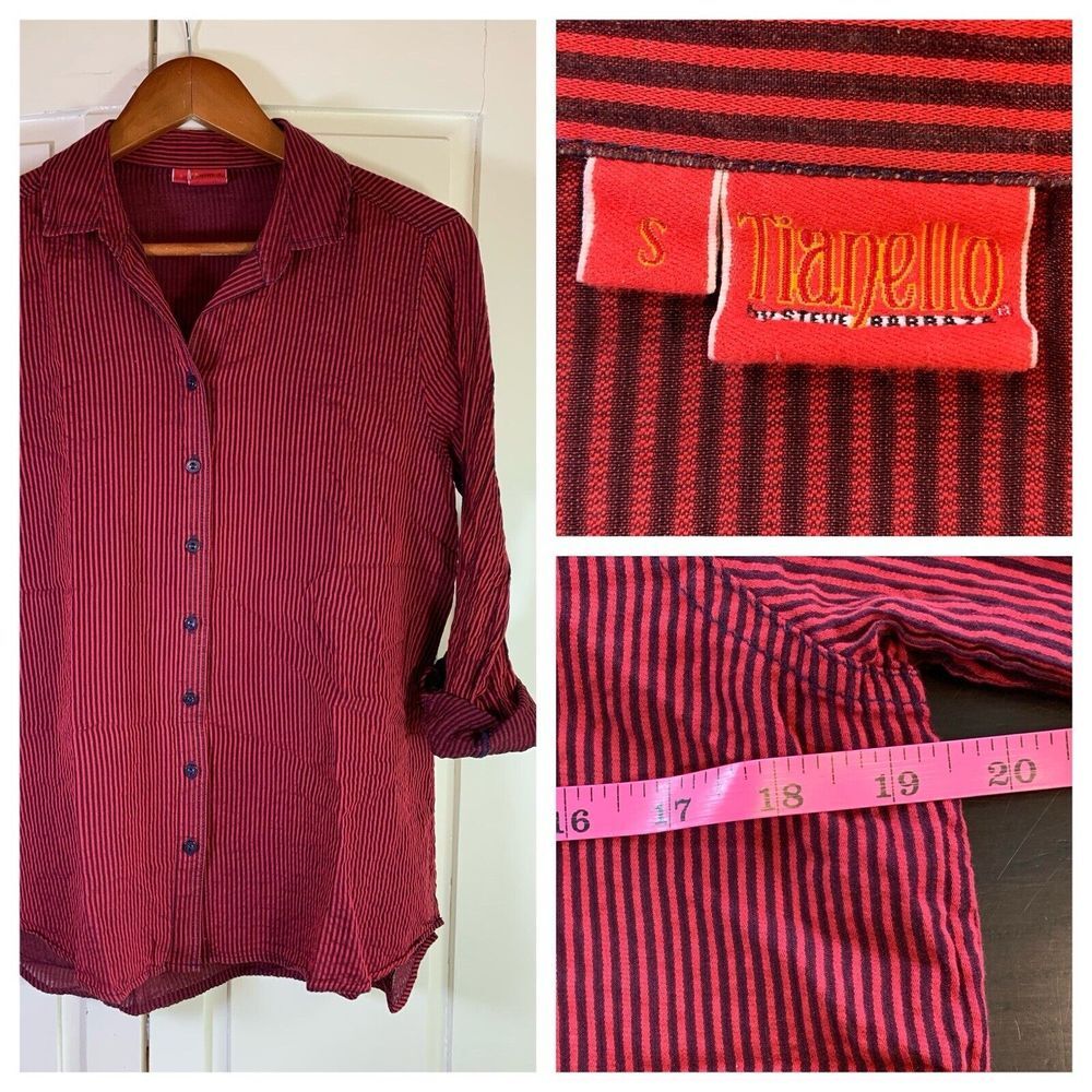 Tianello Blouse Women's Medium Roll Tab Stripe Collared Lagenlook Oversized USA
